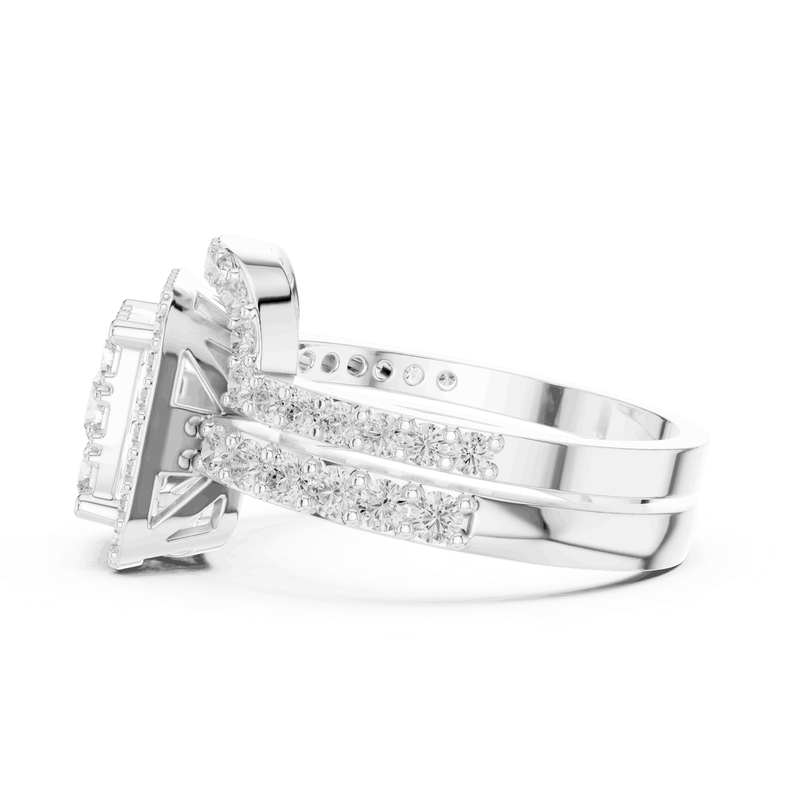 Back View: Round Brilliant Diamond Engagement Ring with Cushion Halo and Pavé Setting in 18K White Gold – Lab Grown – Driona Jewels