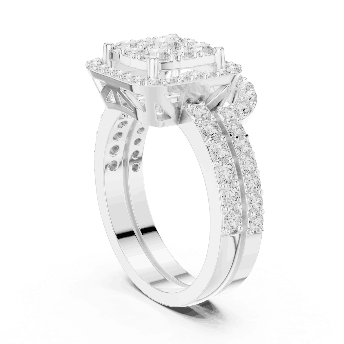 Side Profile: Round Brilliant Diamond Engagement Ring with Cushion Halo and Pavé Setting in 18K White Gold – Lab Grown – Driona Jewels