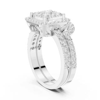 Side Profile: Round Brilliant Diamond Engagement Ring with Cushion Halo and Pavé Setting in 18K White Gold – Lab Grown – Driona Jewels