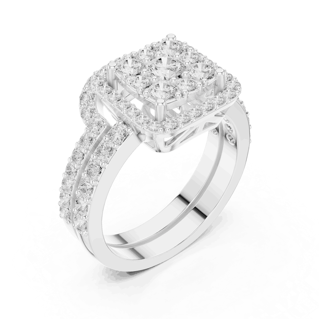Three-Quarter View: Round Brilliant Diamond Engagement Ring with Cushion Halo and Pavé Setting in 18K White Gold – Lab Grown – Driona Jewels