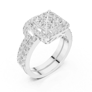 Three-Quarter View: Round Brilliant Diamond Engagement Ring with Cushion Halo and Pavé Setting in 18K White Gold – Lab Grown – Driona Jewels