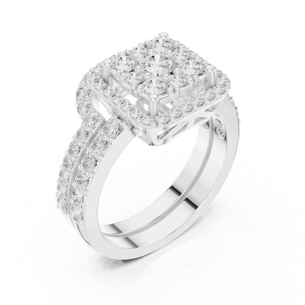 Three-Quarter View: Round Brilliant Diamond Engagement Ring with Cushion Halo and Pavé Setting in 18K White Gold – Lab Grown – Driona Jewels