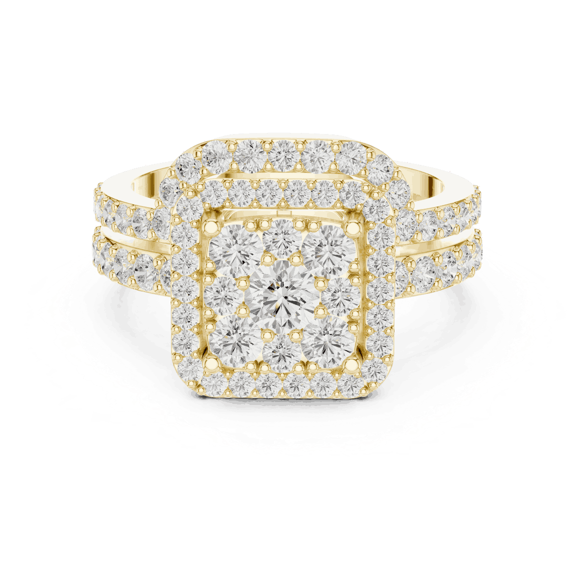 Front View: Round Brilliant Diamond Engagement Ring with Cushion Halo and Pavé Setting in 18K Yellow Gold – Lab Grown – Driona Jewels