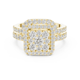 Front View: Round Brilliant Diamond Engagement Ring with Cushion Halo and Pavé Setting in 18K Yellow Gold – Lab Grown – Driona Jewels
