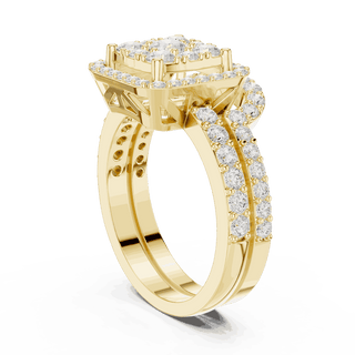 Side Profile: Round Brilliant Diamond Engagement Ring with Cushion Halo and Pavé Setting in 18K Yellow Gold – Lab Grown – Driona Jewels