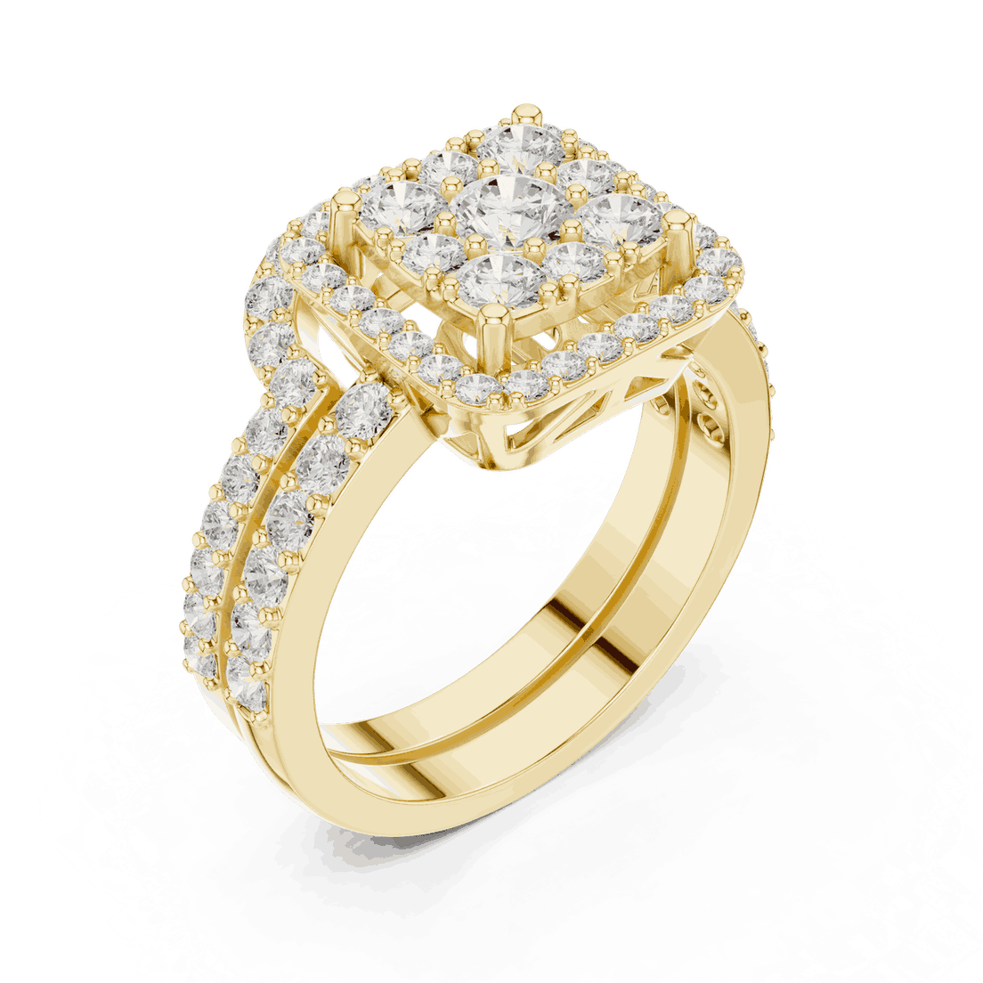 Three-Quarter View: Round Brilliant Diamond Engagement Ring with Cushion Halo and Pavé Setting in 18K Yellow Gold – Lab Grown – Driona Jewels