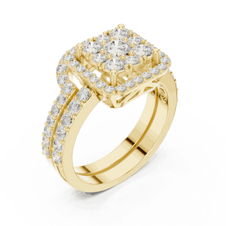 Three-Quarter View: Round Brilliant Diamond Engagement Ring with Cushion Halo and Pavé Setting in 18K Yellow Gold – Lab Grown – Driona Jewels