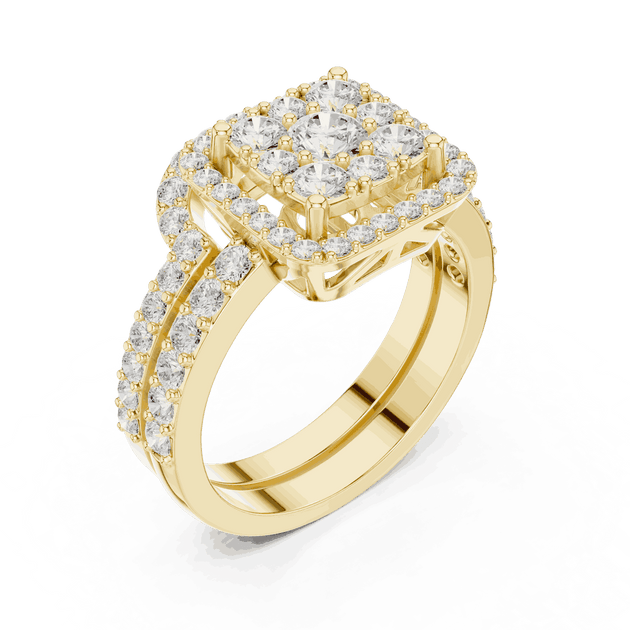Three-Quarter View: Round Brilliant Diamond Engagement Ring with Cushion Halo and Pavé Setting in 18K Yellow Gold – Lab Grown – Driona Jewels
