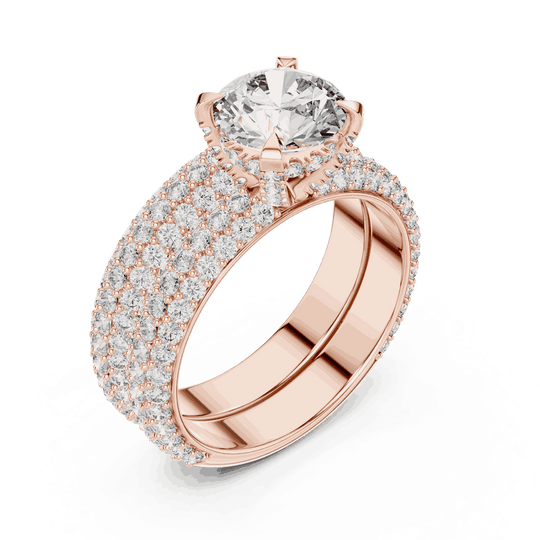Angle View: Round Brilliant Diamond Solitaire Engagement Ring with Dome Triple-Row Micro-Pavé Band in 18K Rose Gold – Lab Grown – Driona Jewels