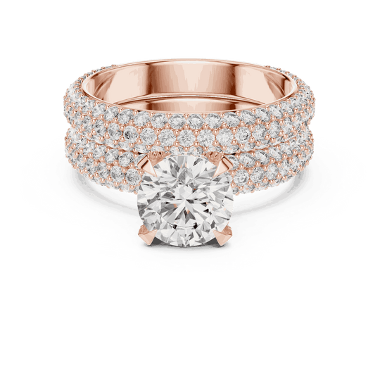 Front View: Round Brilliant Diamond Solitaire Engagement Ring with Dome Triple-Row Micro-Pavé Band in 18K Rose Gold – Lab Grown – Driona Jewels