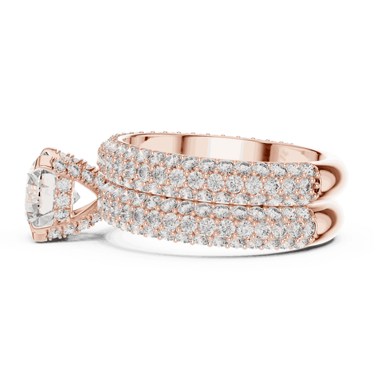 Side Profile: Round Brilliant Diamond Solitaire Engagement Ring with Dome Triple-Row Micro-Pavé Band in 18K Rose Gold – Lab Grown – Driona Jewels