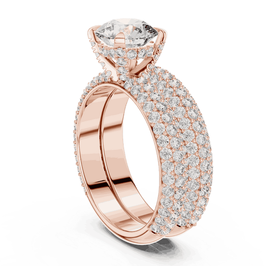 Three-Quarter View: Round Brilliant Diamond Solitaire Engagement Ring with Dome Triple-Row Micro-Pavé Band in 18K Rose Gold – Lab Grown – Driona Jewels