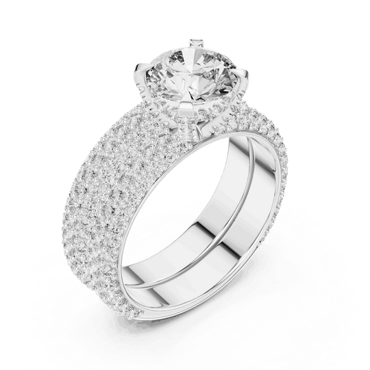 Angle View: Round Brilliant Diamond Solitaire Engagement Ring with Dome Triple-Row Micro-Pavé Band in 18K White Gold – Lab Grown – Driona Jewels