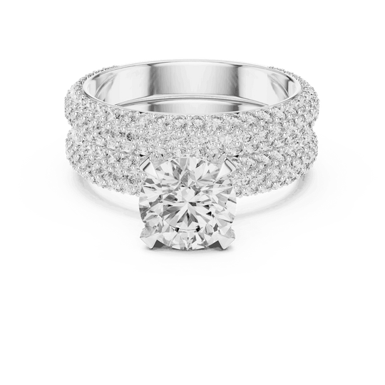 Front View: Round Brilliant Diamond Solitaire Engagement Ring with Dome Triple-Row Micro-Pavé Band in 18K White Gold – Lab Grown – Driona Jewels