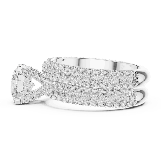 Side Profile: Round Brilliant Diamond Solitaire Engagement Ring with Dome Triple-Row Micro-Pavé Band in 18K White Gold – Lab Grown – Driona Jewels