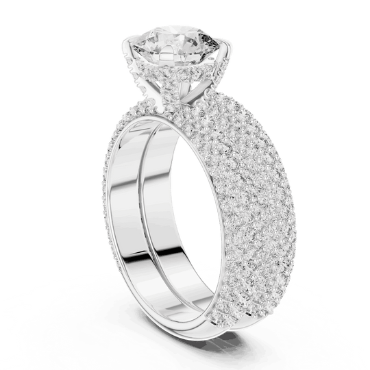 Three-Quarter View: Round Brilliant Diamond Solitaire Engagement Ring with Dome Triple-Row Micro-Pavé Band in 18K White Gold – Lab Grown – Driona Jewels