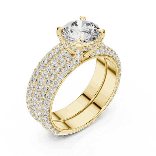 Angle View: Round Brilliant Diamond Solitaire Engagement Ring with Dome Triple-Row Micro-Pavé Band in 18K Yellow Gold – Lab Grown – Driona Jewels