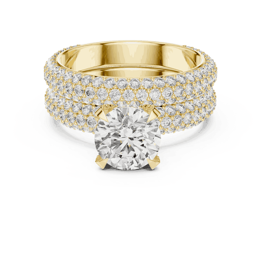 Front View: Round Brilliant Diamond Solitaire Engagement Ring with Dome Triple-Row Micro-Pavé Band in 18K Yellow Gold – Lab Grown – Driona Jewels