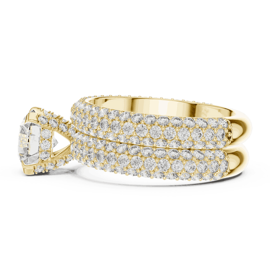Side Profile: Round Brilliant Diamond Solitaire Engagement Ring with Dome Triple-Row Micro-Pavé Band in 18K Yellow Gold – Lab Grown – Driona Jewels