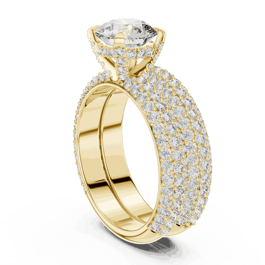 Three-Quarter View: Round Brilliant Diamond Solitaire Engagement Ring with Dome Triple-Row Micro-Pavé Band in 18K Yellow Gold – Lab Grown – Driona Jewels