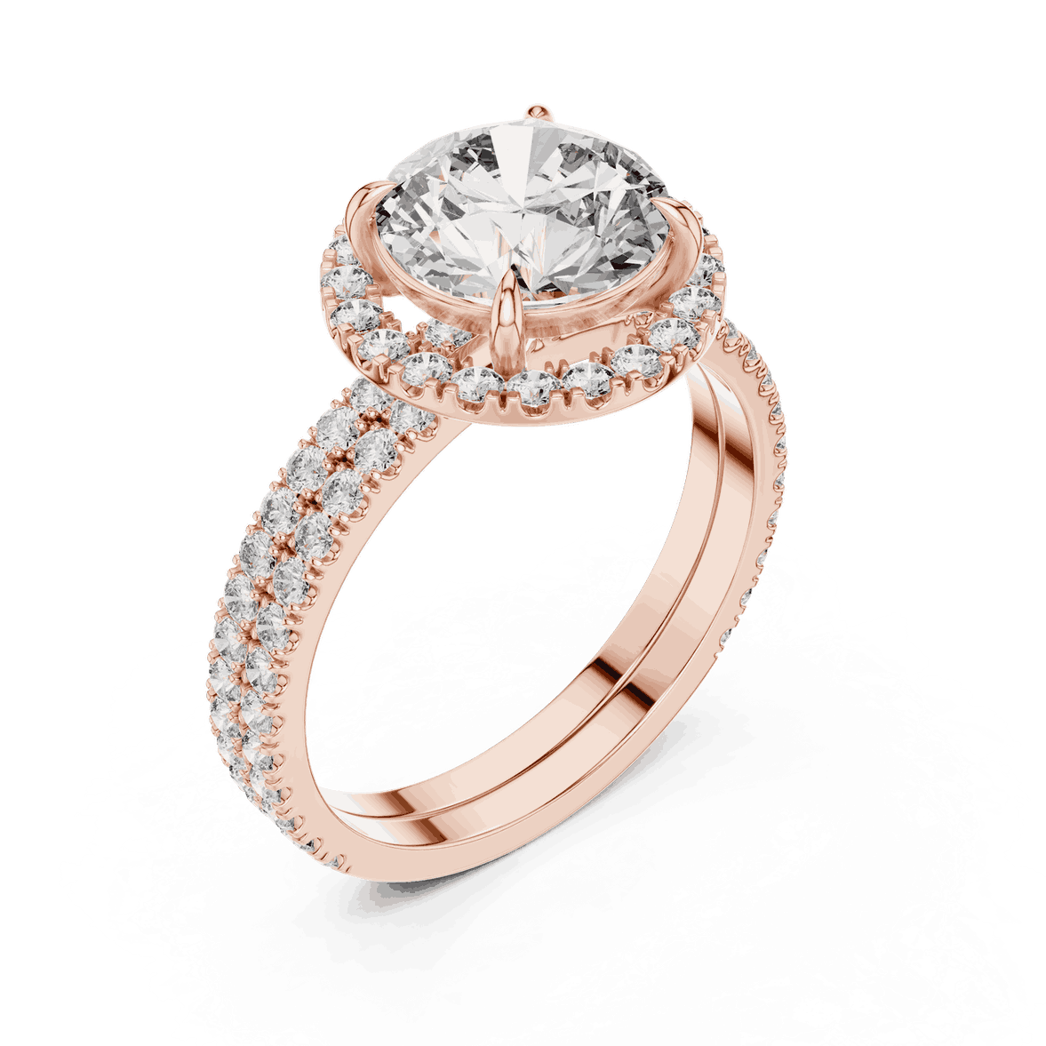 Angle View: Round Brilliant Diamond Floral Halo Engagement Ring with Double Micro-Pavé Band in 18K Rose Gold – Lab Grown – Driona Jewels
