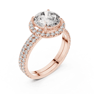 Angle View: Round Brilliant Diamond Floral Halo Engagement Ring with Double Micro-Pavé Band in 18K Rose Gold – Lab Grown – Driona Jewels