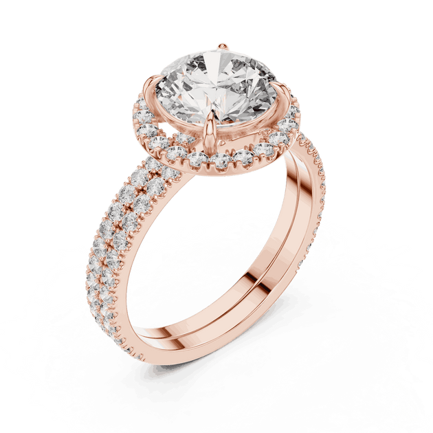 Angle View: Round Brilliant Diamond Floral Halo Engagement Ring with Double Micro-Pavé Band in 18K Rose Gold – Lab Grown – Driona Jewels