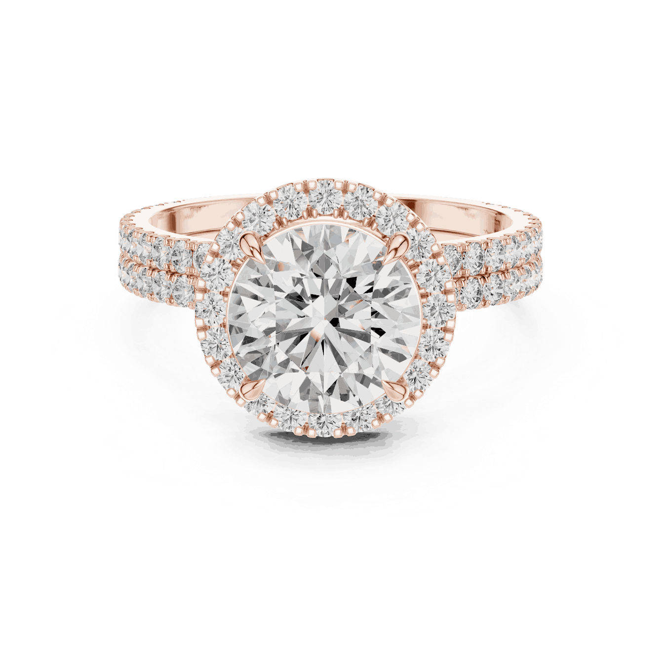 Front View: Round Brilliant Diamond Floral Halo Engagement Ring with Double Micro-Pavé Band in 18K Rose Gold – Lab Grown – Driona Jewels