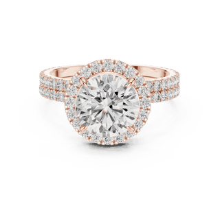 Front View: Round Brilliant Diamond Floral Halo Engagement Ring with Double Micro-Pavé Band in 18K Rose Gold – Lab Grown – Driona Jewels