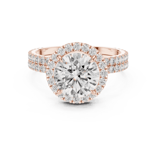 Front View: Round Brilliant Diamond Floral Halo Engagement Ring with Double Micro-Pavé Band in 18K Rose Gold – Lab Grown – Driona Jewels