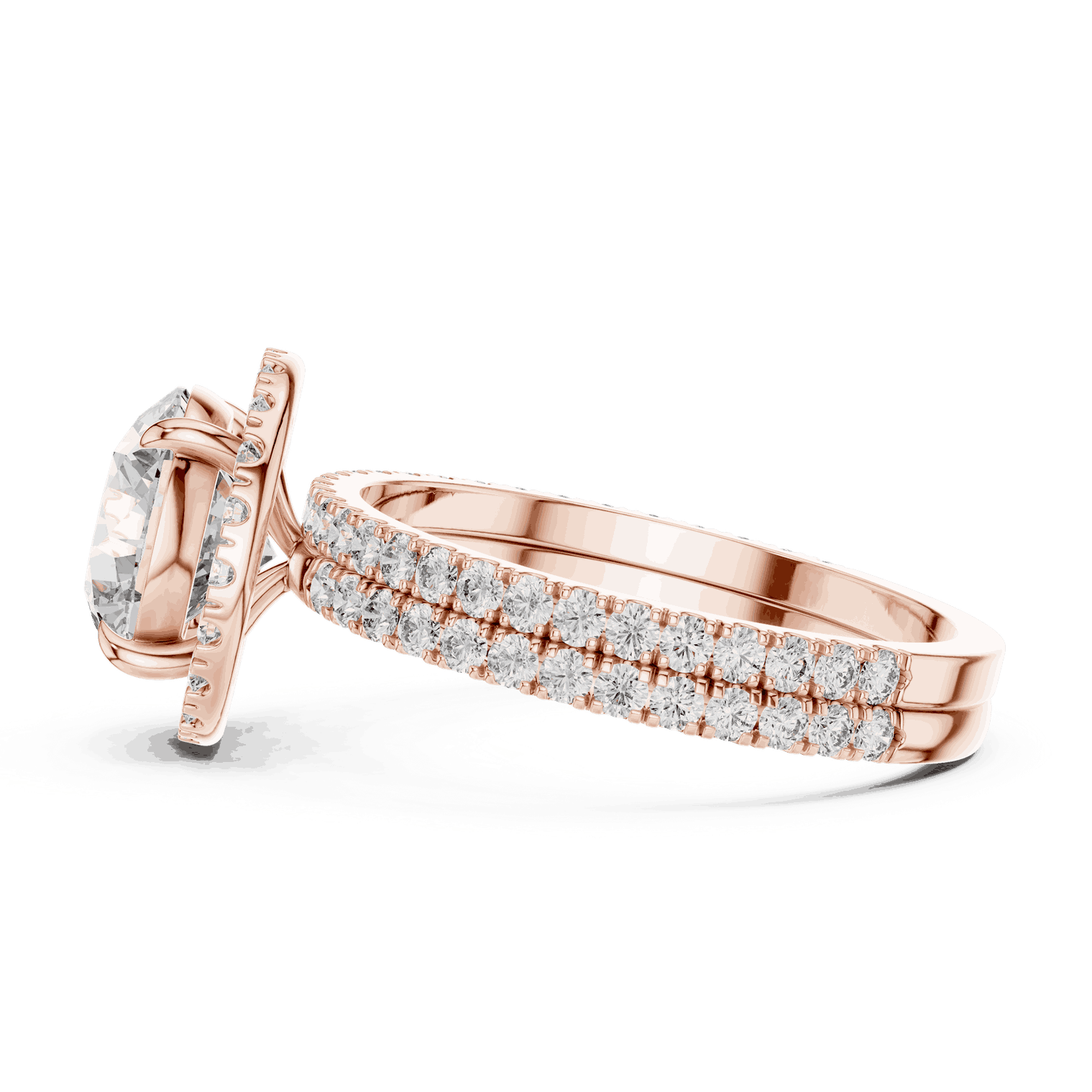 Side Profile: Round Brilliant Diamond Floral Halo Engagement Ring with Double Micro-Pavé Band in 18K Rose Gold – Lab Grown – Driona Jewels