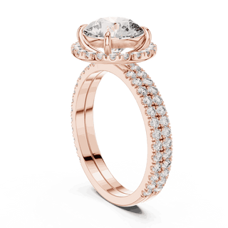 Three-Quarter View: Round Brilliant Diamond Floral Halo Engagement Ring with Double Micro-Pavé Band in 18K Rose Gold – Lab Grown – Driona Jewels