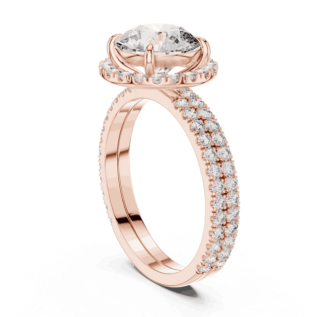 Three-Quarter View: Round Brilliant Diamond Floral Halo Engagement Ring with Double Micro-Pavé Band in 18K Rose Gold – Lab Grown – Driona Jewels