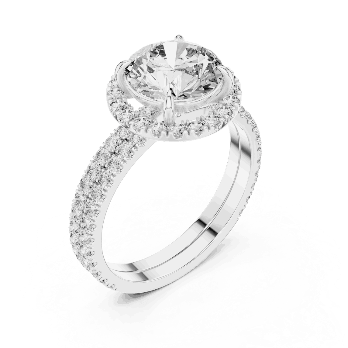 Angle View: Round Brilliant Diamond Floral Halo Engagement Ring with Double Micro-Pavé Band in 18K White Gold – Lab Grown – Driona Jewels