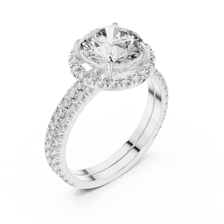 Angle View: Round Brilliant Diamond Floral Halo Engagement Ring with Double Micro-Pavé Band in 18K White Gold – Lab Grown – Driona Jewels