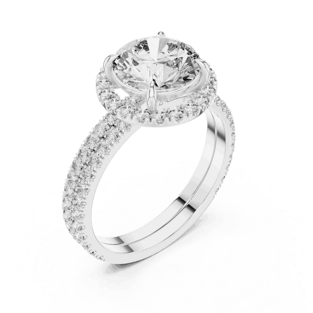 Angle View: Round Brilliant Diamond Floral Halo Engagement Ring with Double Micro-Pavé Band in 18K White Gold – Lab Grown – Driona Jewels