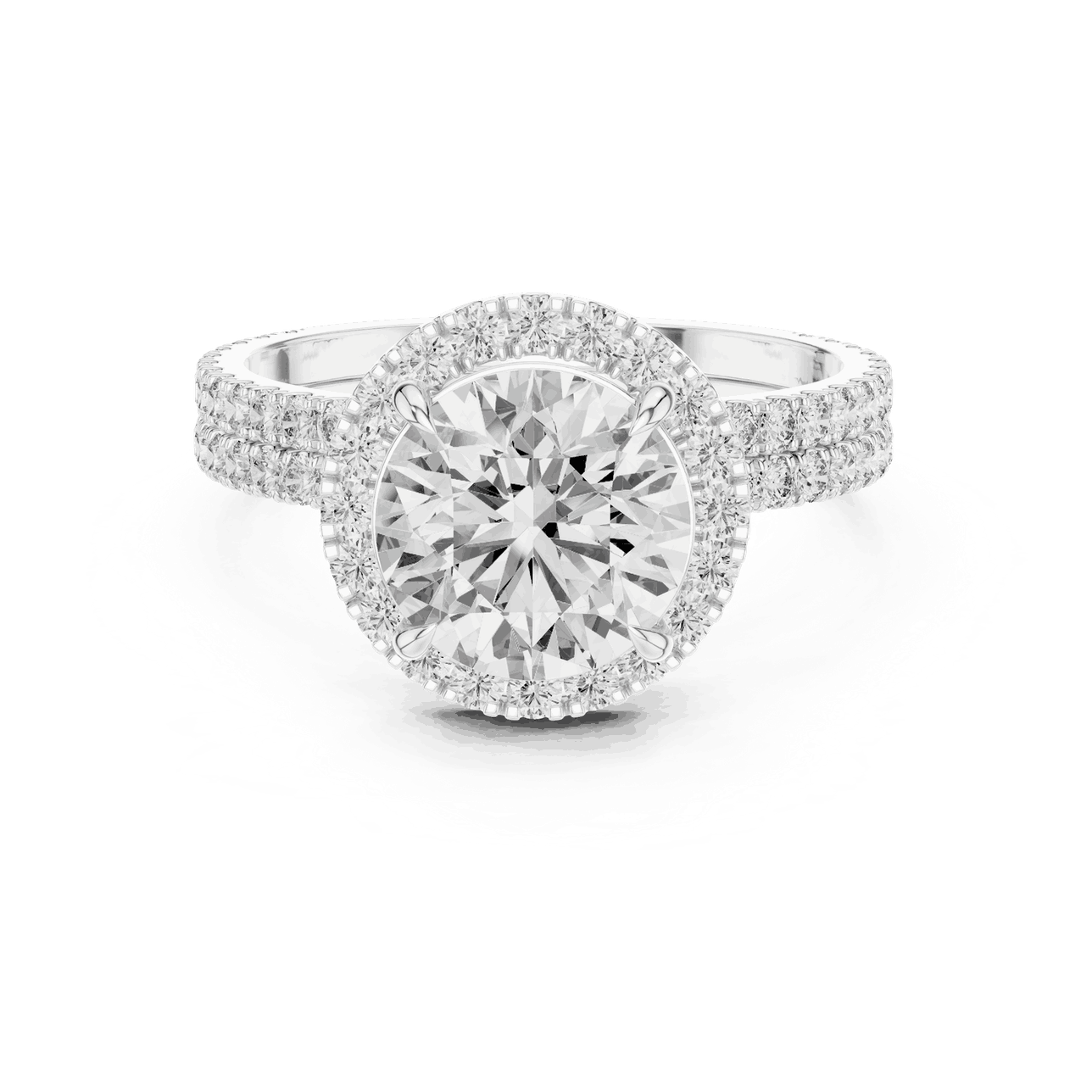 Front View: Round Brilliant Diamond Floral Halo Engagement Ring with Double Micro-Pavé Band in 18K White Gold – Lab Grown – Driona Jewels