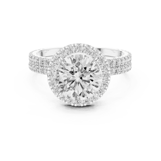 Front View: Round Brilliant Diamond Floral Halo Engagement Ring with Double Micro-Pavé Band in 18K White Gold – Lab Grown – Driona Jewels