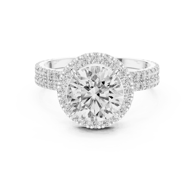 Front View: Round Brilliant Diamond Floral Halo Engagement Ring with Double Micro-Pavé Band in 18K White Gold – Lab Grown – Driona Jewels