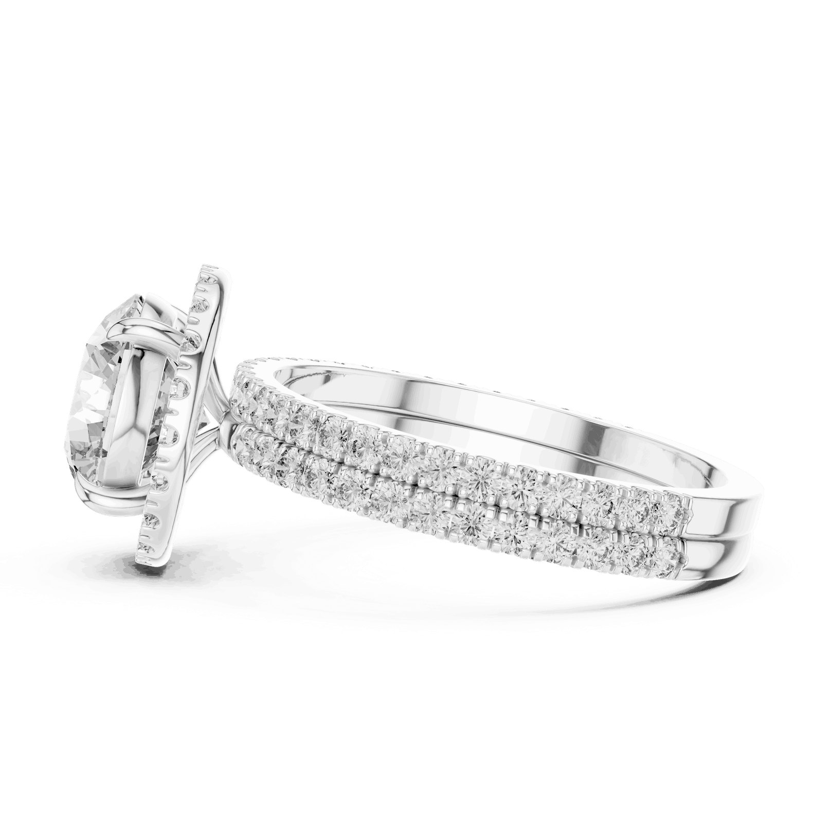 Side Profile: Round Brilliant Diamond Floral Halo Engagement Ring with Double Micro-Pavé Band in 18K White Gold – Lab Grown – Driona Jewels
