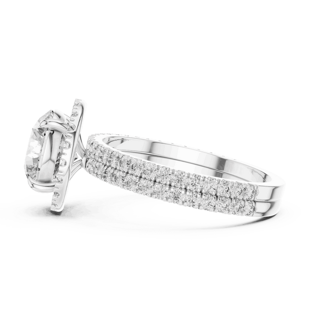 Side Profile: Round Brilliant Diamond Floral Halo Engagement Ring with Double Micro-Pavé Band in 18K White Gold – Lab Grown – Driona Jewels
