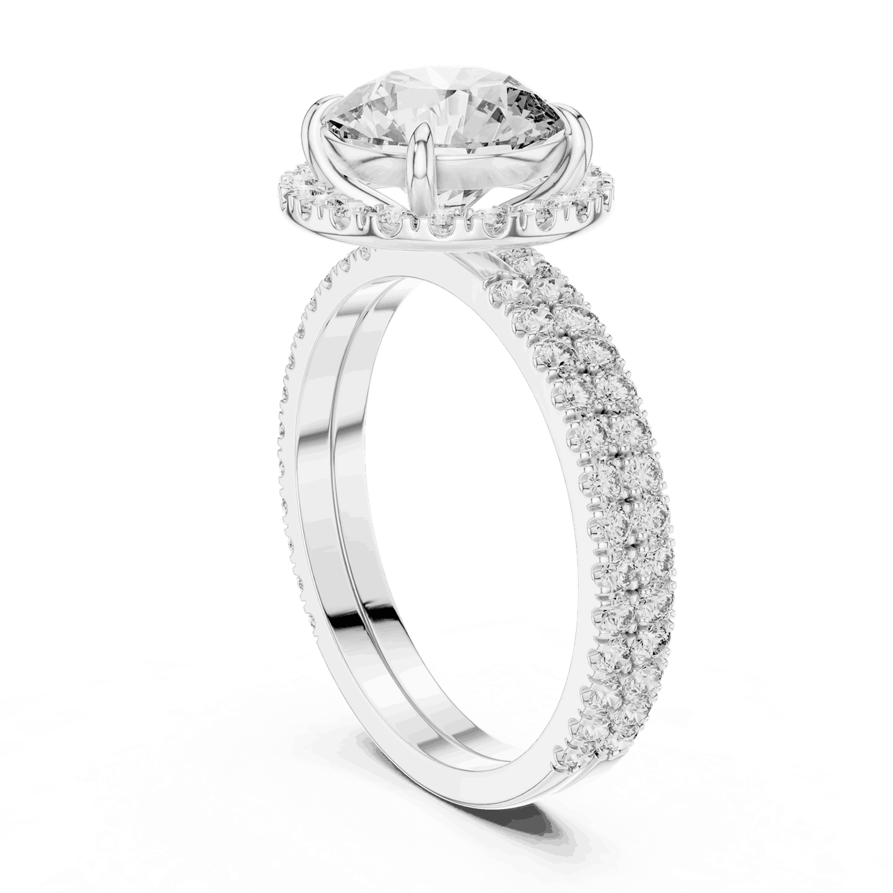Three-Quarter View: Round Brilliant Diamond Floral Halo Engagement Ring with Double Micro-Pavé Band in 18K White Gold – Lab Grown – Driona Jewels
