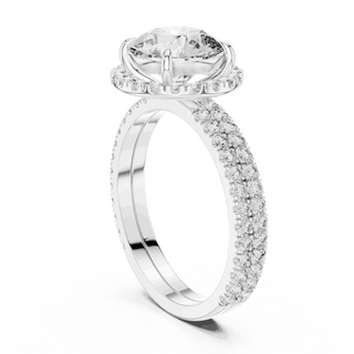 Three-Quarter View: Round Brilliant Diamond Floral Halo Engagement Ring with Double Micro-Pavé Band in 18K White Gold – Lab Grown – Driona Jewels