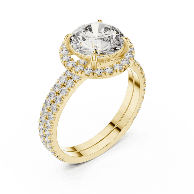 Angle View: Round Brilliant Diamond Floral Halo Engagement Ring with Double Micro-Pavé Band in 18K Yellow Gold – Lab Grown – Driona Jewels