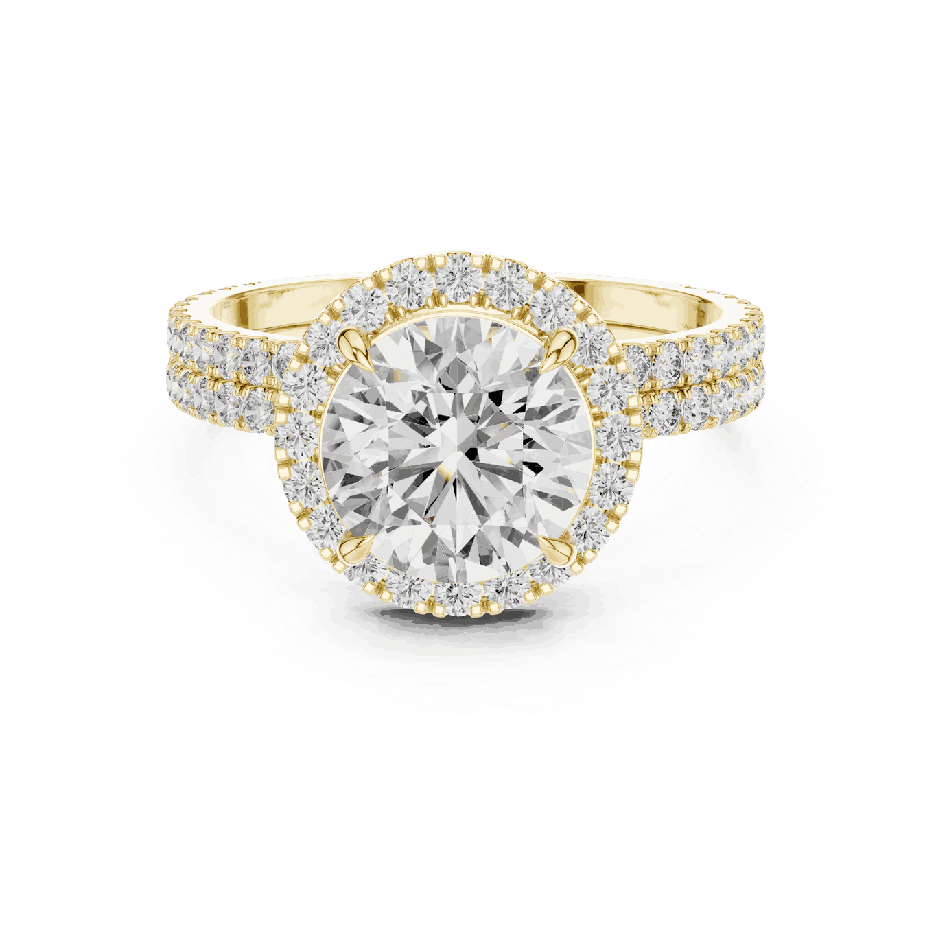 Front View: Round Brilliant Diamond Floral Halo Engagement Ring with Double Micro-Pavé Band in 18K Yellow Gold – Lab Grown – Driona Jewels