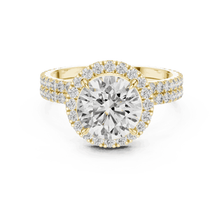 Front View: Round Brilliant Diamond Floral Halo Engagement Ring with Double Micro-Pavé Band in 18K Yellow Gold – Lab Grown – Driona Jewels