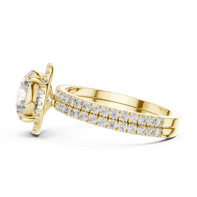 Side Profile: Round Brilliant Diamond Floral Halo Engagement Ring with Double Micro-Pavé Band in 18K Yellow Gold – Lab Grown – Driona Jewels