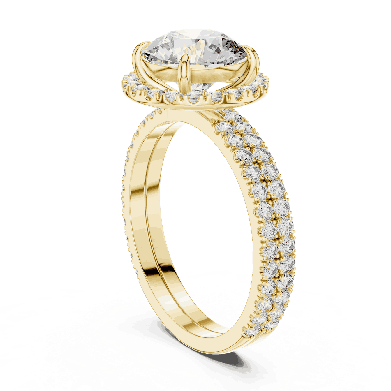 Three-Quarter View: Round Brilliant Diamond Floral Halo Engagement Ring with Double Micro-Pavé Band in 18K Yellow Gold – Lab Grown – Driona Jewels