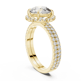 Three-Quarter View: Round Brilliant Diamond Floral Halo Engagement Ring with Double Micro-Pavé Band in 18K Yellow Gold – Lab Grown – Driona Jewels