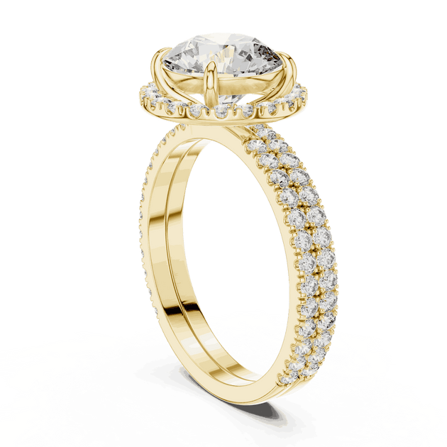 Three-Quarter View: Round Brilliant Diamond Floral Halo Engagement Ring with Double Micro-Pavé Band in 18K Yellow Gold – Lab Grown – Driona Jewels